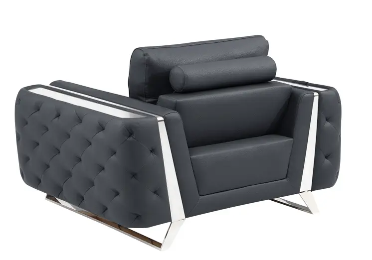 50" Dark Gray And Silver Faux Leather Tufted Club Chair