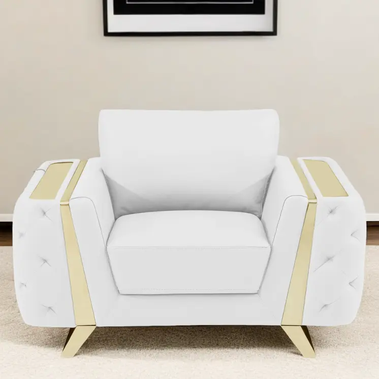50" White And Gold Genuine Leather Club Chair