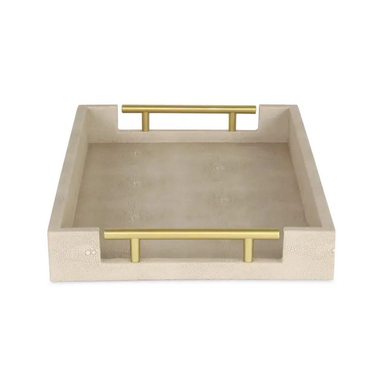16" Cream Wood and Vinyl Faux Shagreen Serving Tray With Gold Handles