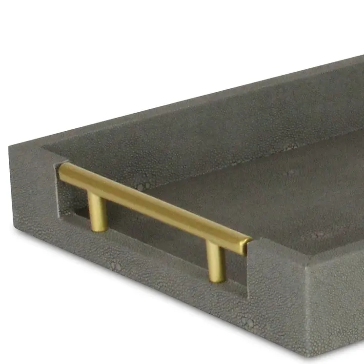 16" Gray Wood Faux Shagreen Serving Tray With Handles