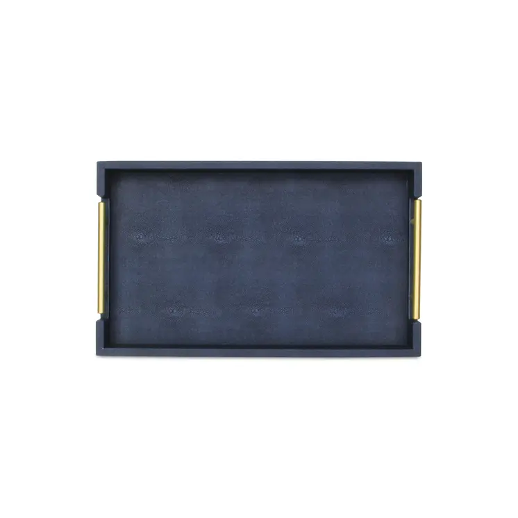 16" Navy Blue Wood Faux Shagreen Serving Tray With Handles
