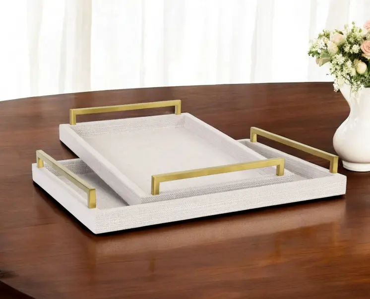 Set of Two Off White Wood and Fabric Nested Serving Trays With Gold Handles