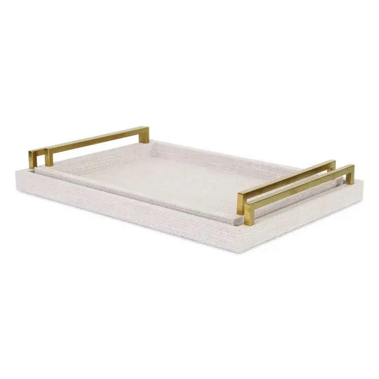 Set of Two Off White Wood and Fabric Nested Serving Trays With Gold Handles