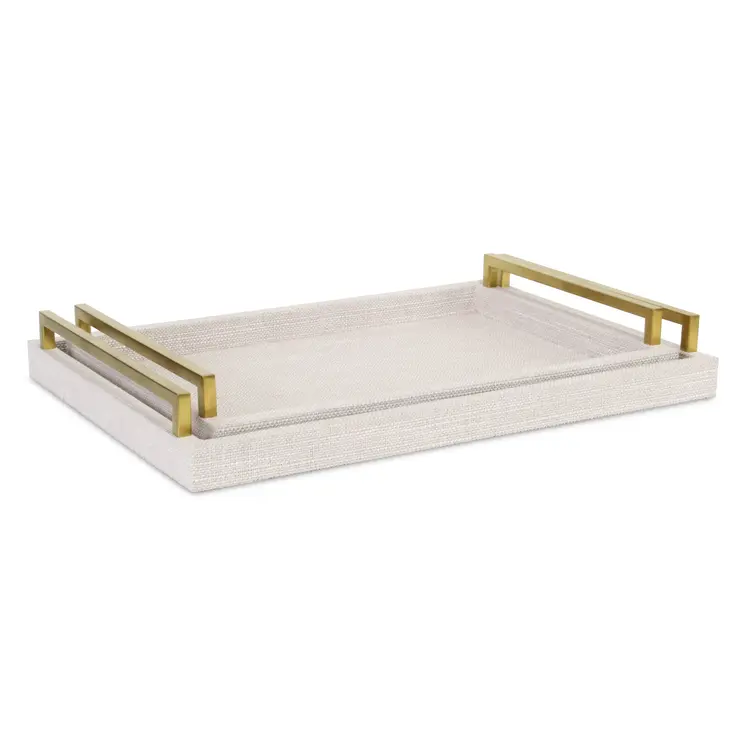 Set of Two Off White Wood and Fabric Nested Serving Trays With Gold Handles