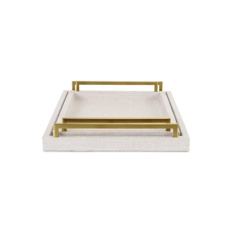 Set of Two Off White Wood and Fabric Nested Serving Trays With Gold Handles