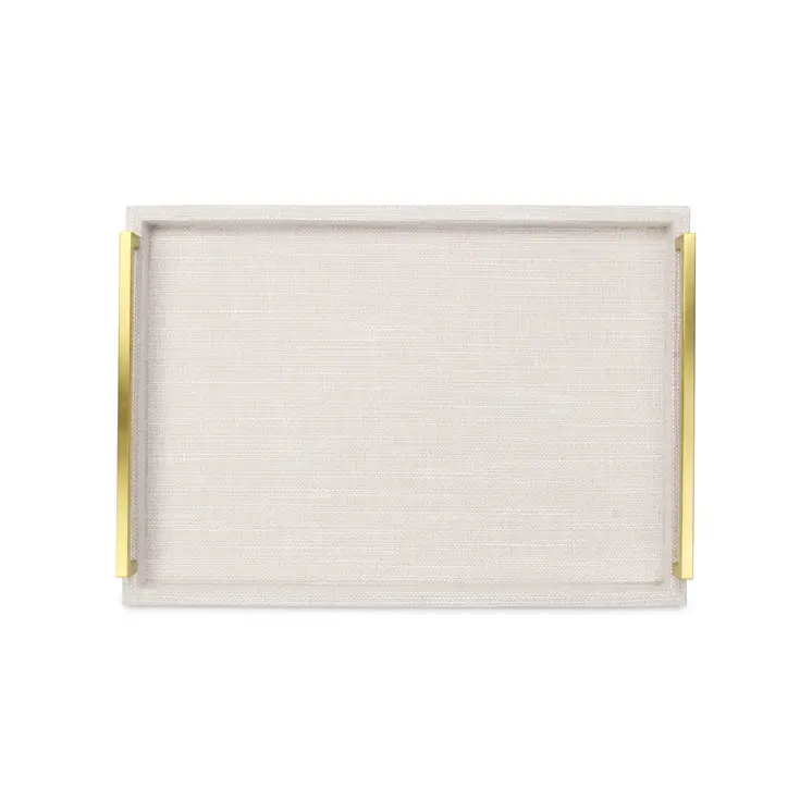 Set of Two Off White Wood and Fabric Nested Serving Trays With Gold Handles