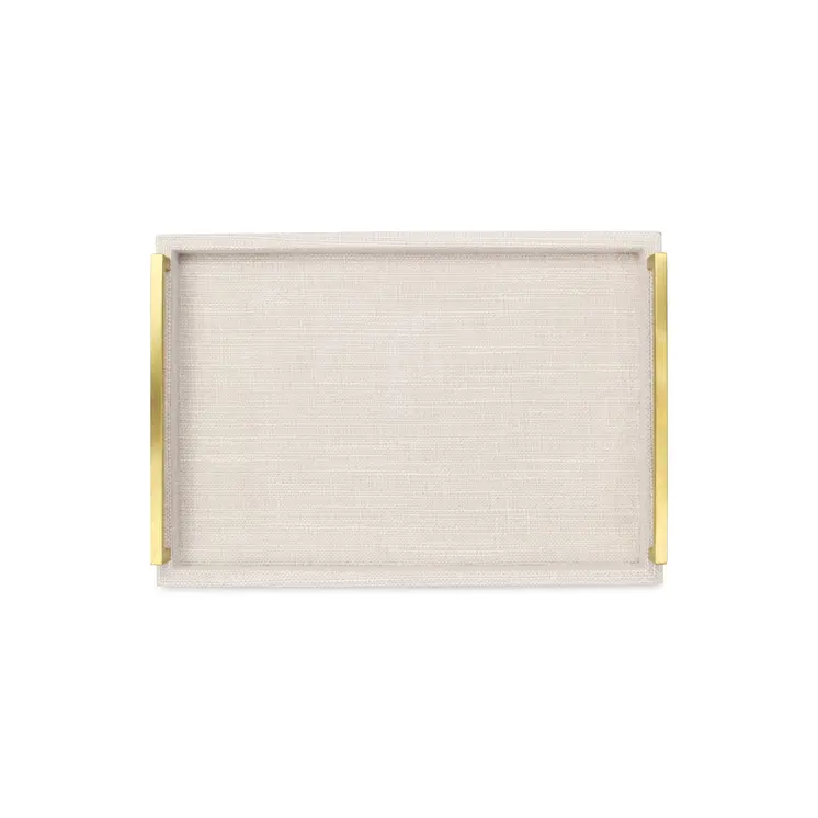Set of Two Off White Wood and Fabric Nested Serving Trays With Gold Handles