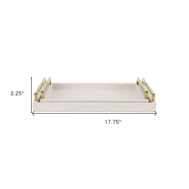 Set of Two Off White Wood and Fabric Nested Serving Trays With Gold Handles