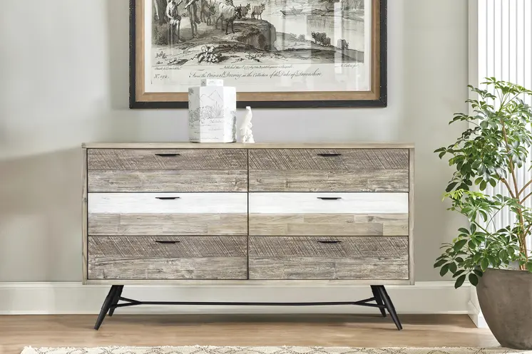 63" Natural and Ivory Solid Wood Six Drawer Double Dresser