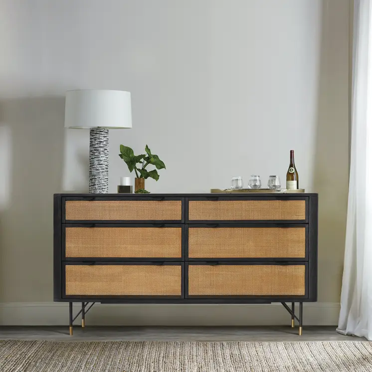 61" Natural and Black Solid Wood Six Drawer Double Dresser
