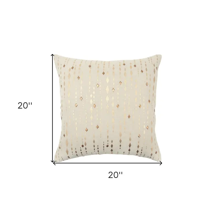 20" Gold and Ivory Cotton Pillow With Beads Edges