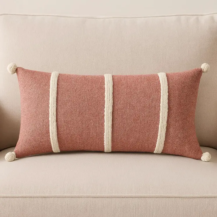 14" X 14" Red and White Cotton Pillow With Tassels Edges