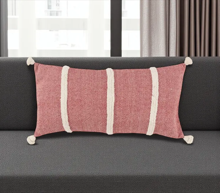 14" X 14" Red and White Cotton Pillow With Tassels Edges