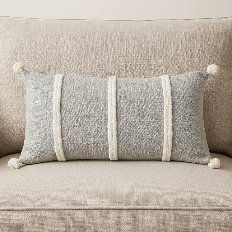 14" X 14" Gray and White Cotton Pillow With Tassels Edges