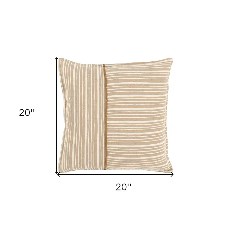 20" Natural and Ivory Striped Cotton Throw Pillow