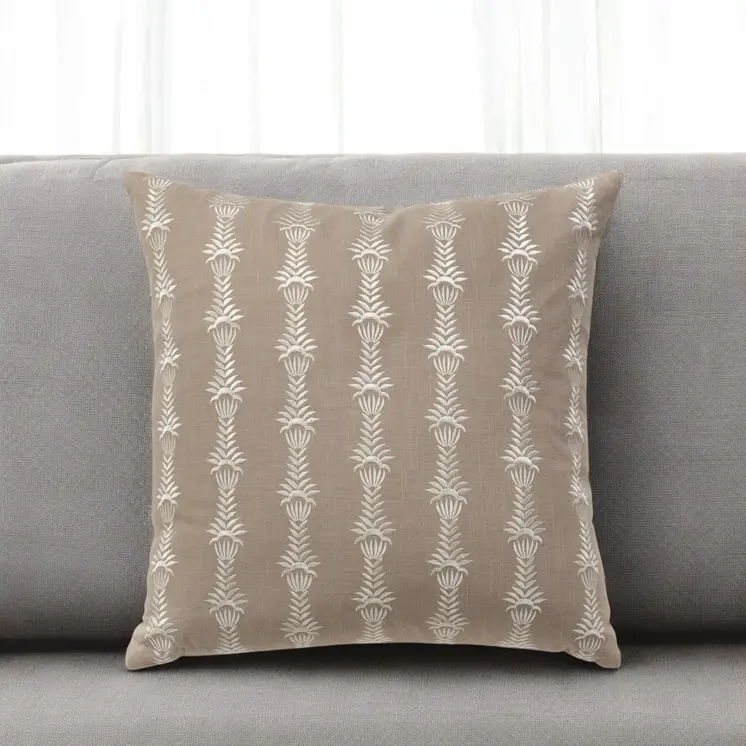 20" Taupe and White Cotton Throw Pillow With Embroidery