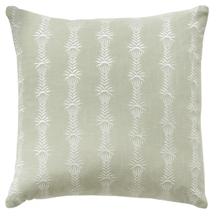 20" Green and White Cotton Throw Pillow With Embroidery