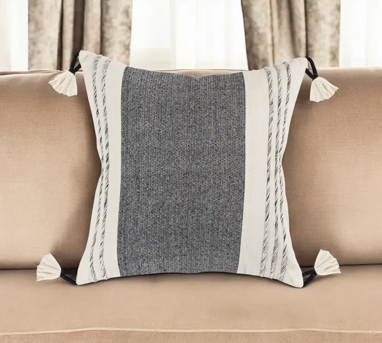 20" White and Black Striped Cotton Throw Pillow with Tassels and Texture