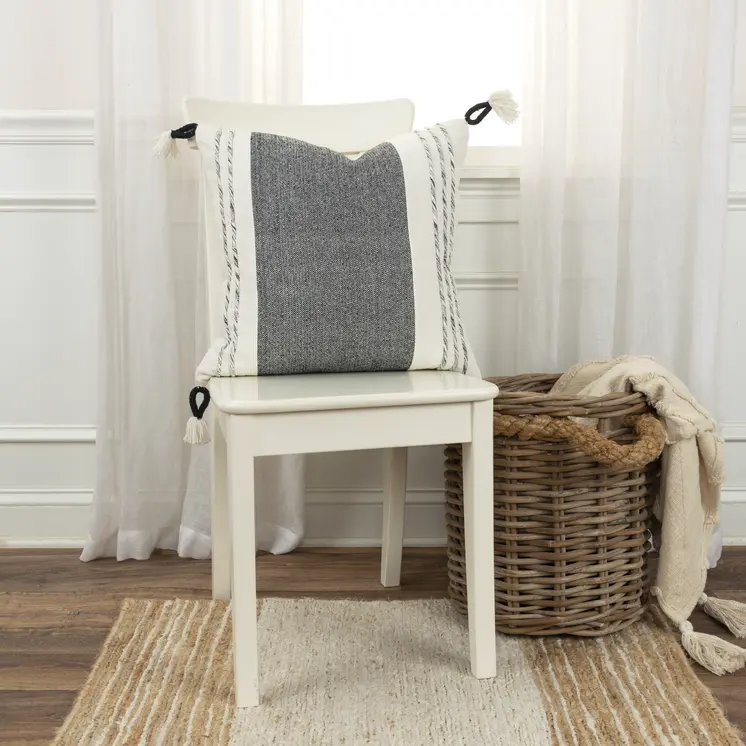 20" White and Black Striped Cotton Throw Pillow with Tassels and Texture