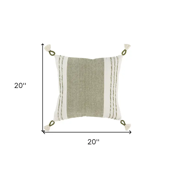 20" Green and White Color Block Cotton Throw Pillow With Tassels