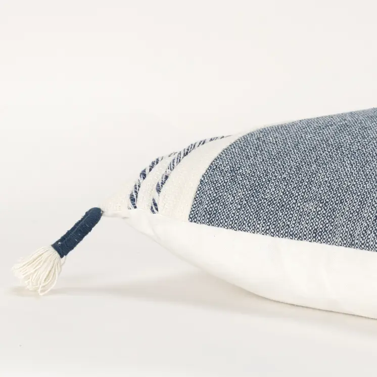 20" Blue and White Color Block Cotton Throw Pillow With Tassels