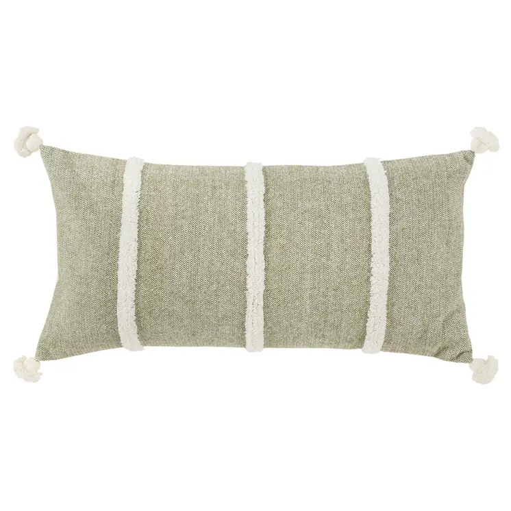 14" X 14" Green and White Cotton Pillow With Tassels Edges