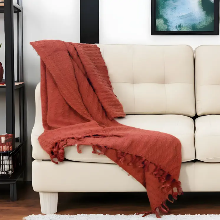 50" X 60" Burnt Orange Cotton Knitted Striped Throw Blanket with Tassels