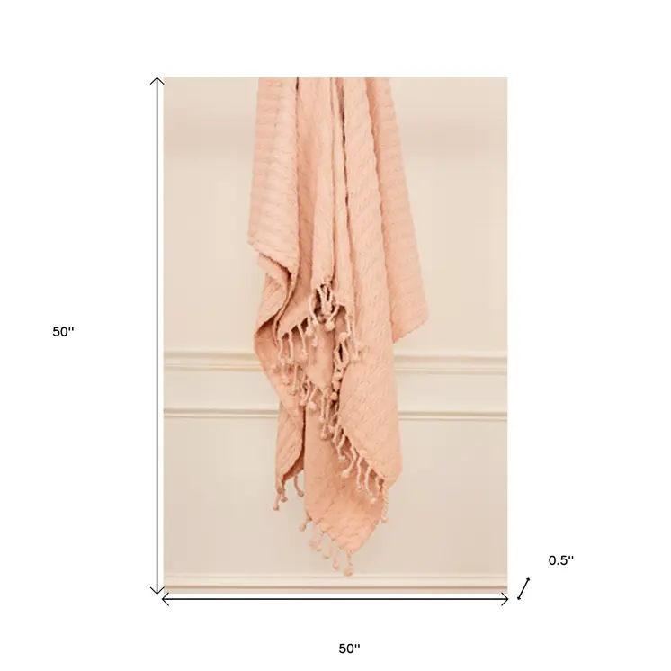 Blush Knitted Throw Blanket with Fringe