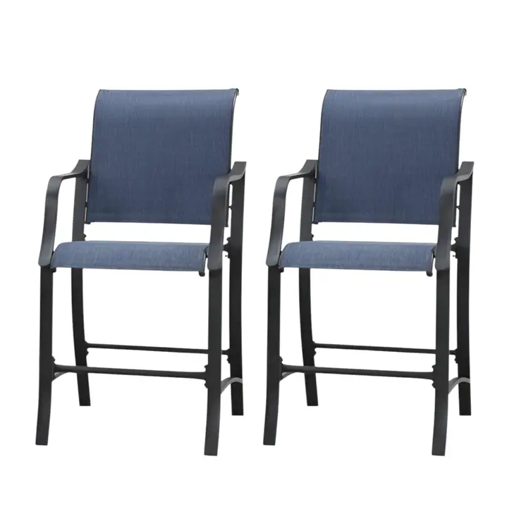 Set of Two 25" Black and Blue Metal Outdoor Counter Height Bar Chairs