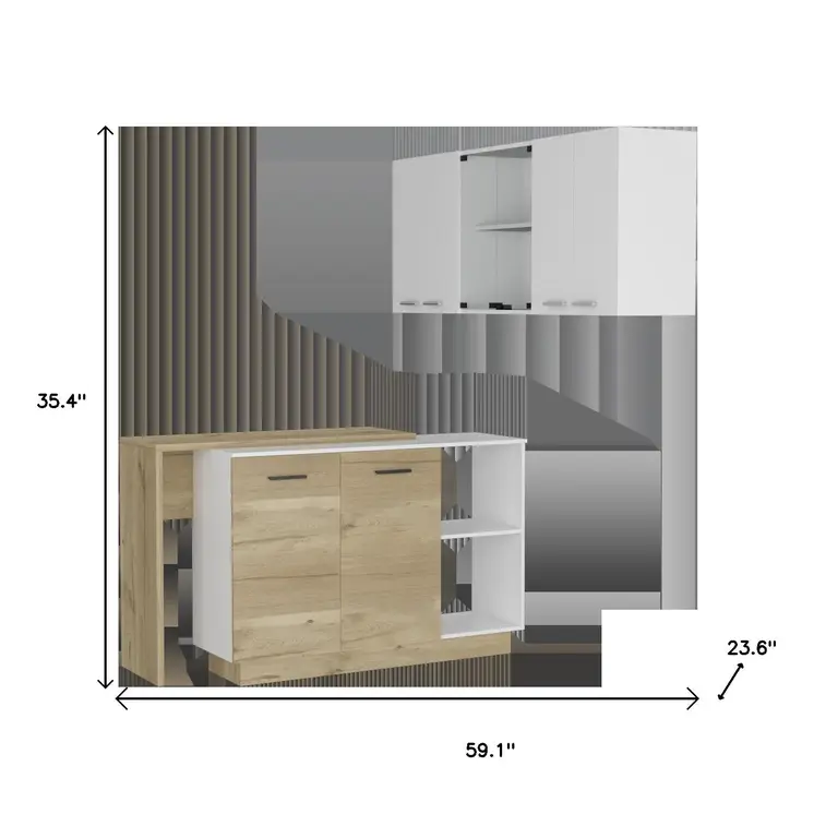 59" Natural White and Brown Wood Kitchen Island Set With Storage