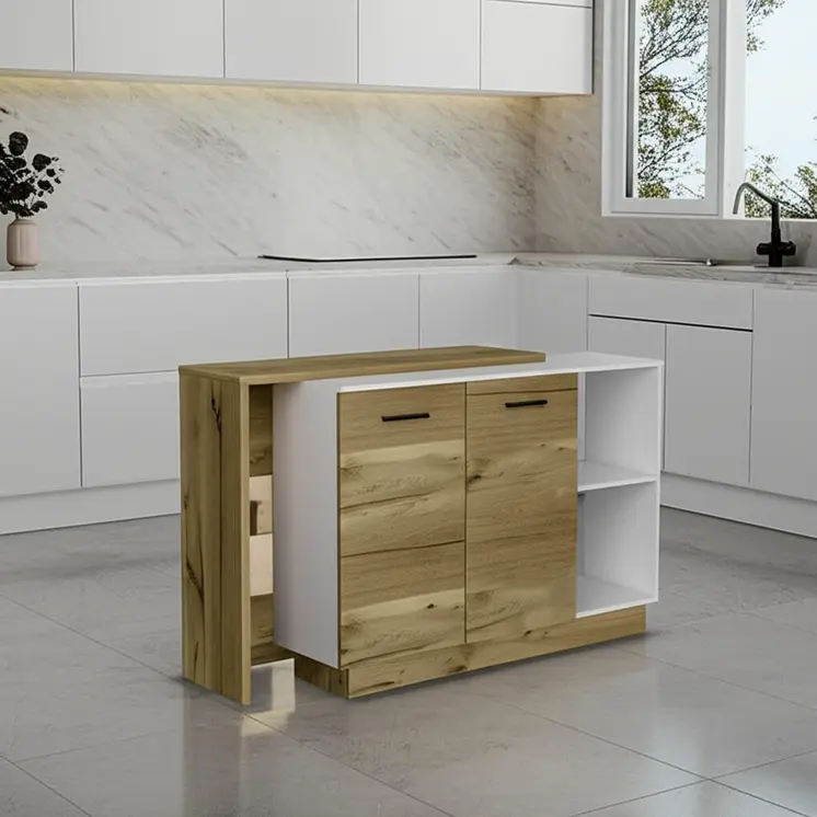 59" Natural White and Brown Wood Kitchen Island Set With Storage