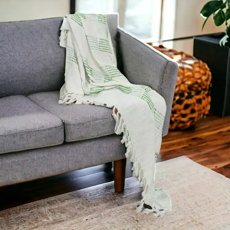 Gray and Green Woven Cotton Throw Blanket with Fringe