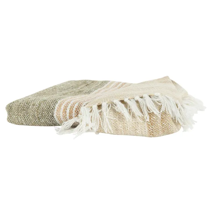 50" X 60" Beige Brown And Ivory Recycled Poly PET Striped Throw Blanket with Tassels