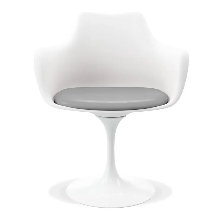 White Heavy Duty Plastic Swivel Dining Arm Chair With Gray Faux Leather Cushion