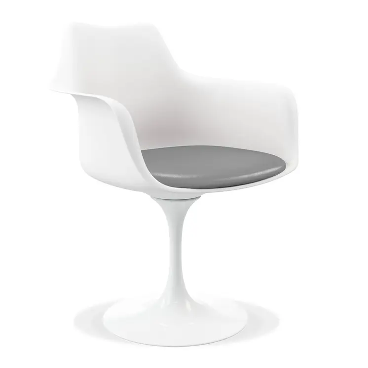 White Heavy Duty Plastic Swivel Dining Arm Chair With Gray Faux Leather Cushion