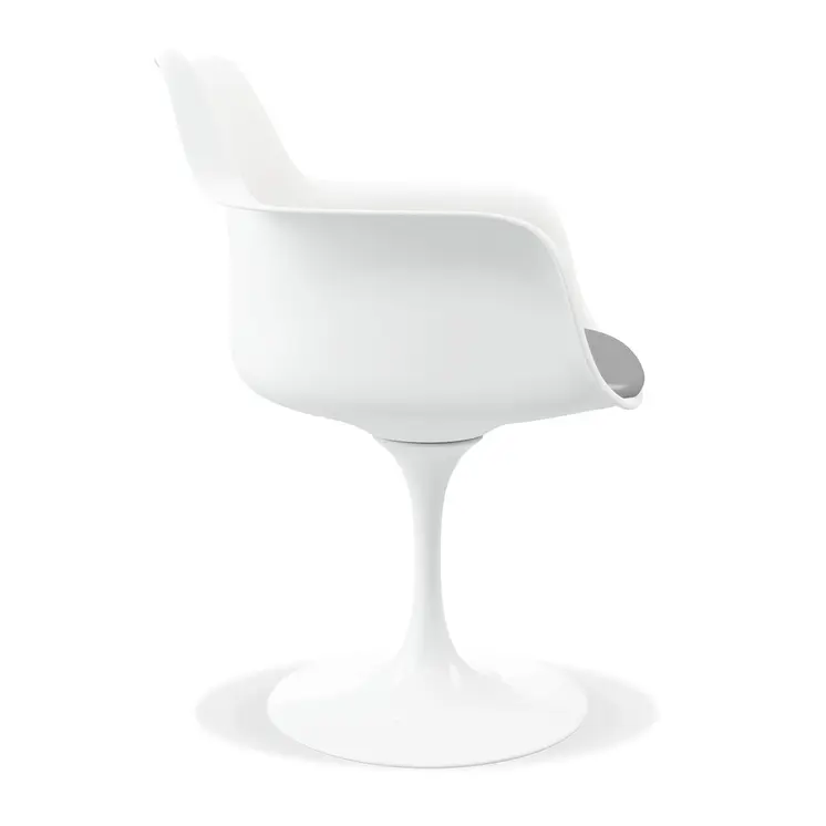 White Heavy Duty Plastic Swivel Dining Arm Chair With Gray Faux Leather Cushion