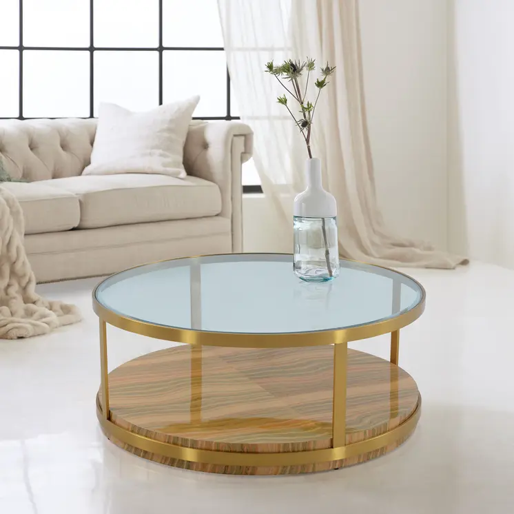 43" Clear Gold And Brown Glass Wood and Metal Round Coffee Table With Shelf