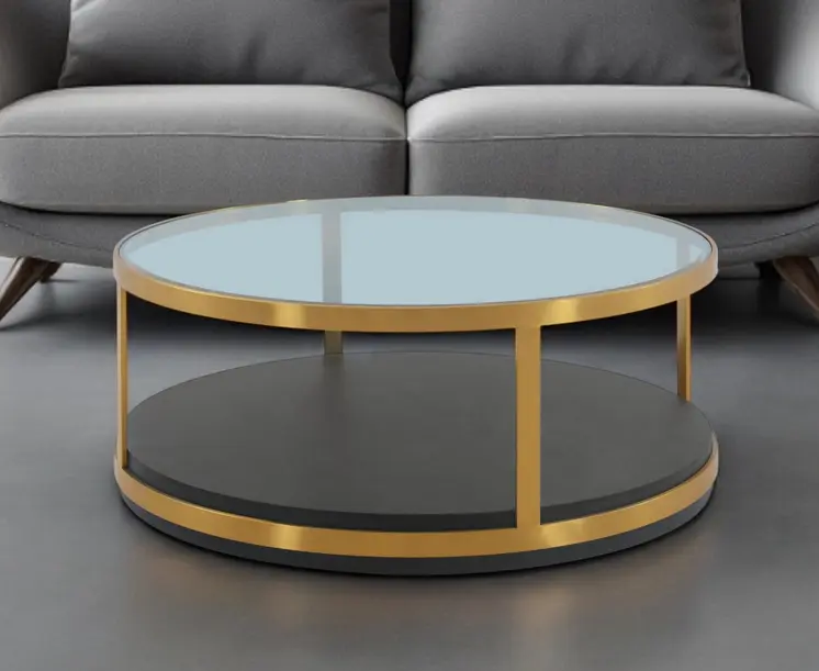 43" Clear And Black Gold Glass And Solid Wood and Metal Round Coffee Table With Shelf