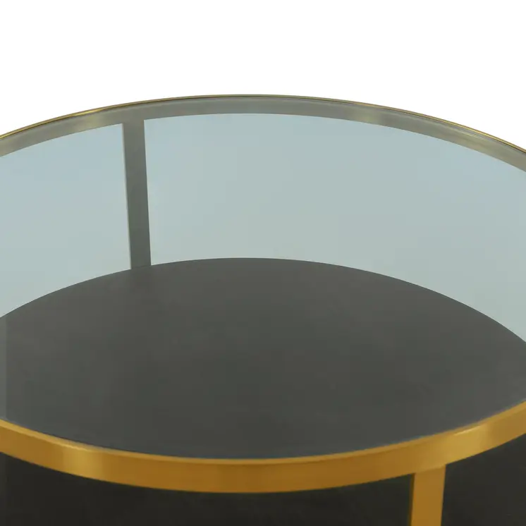 43" Clear And Black Gold Glass And Solid Wood and Metal Round Coffee Table With Shelf