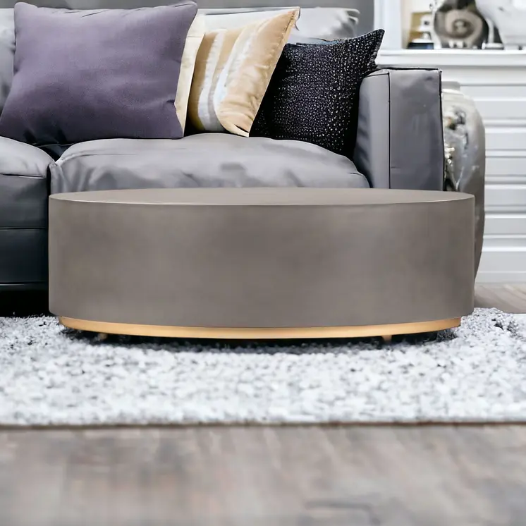 28" Gray And Brass Concrete And Brass Oval Coffee Table