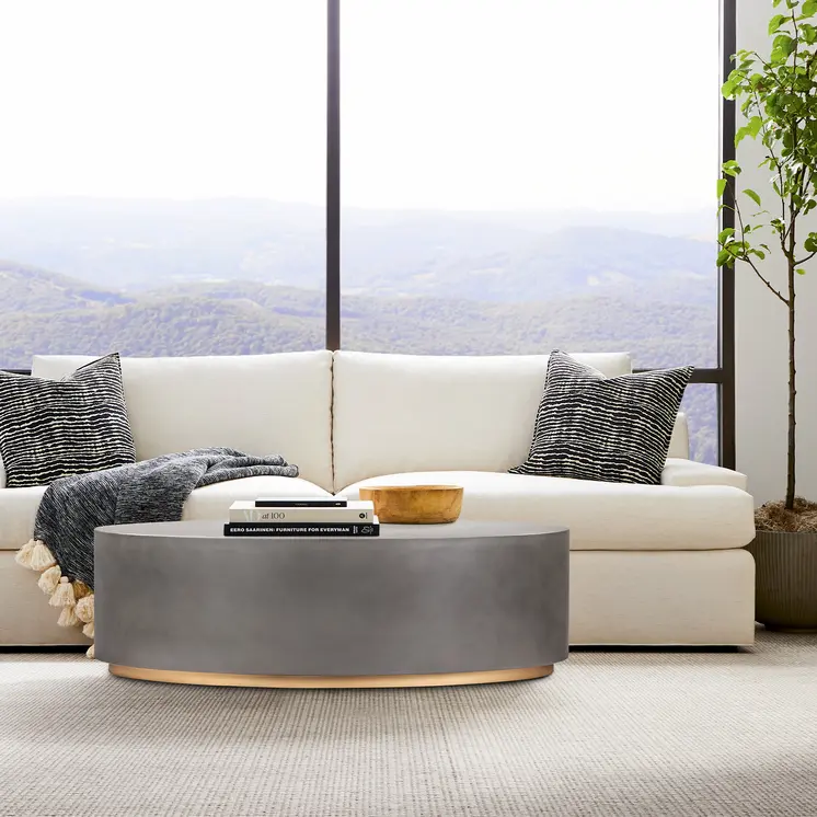 28" Gray And Brass Concrete And Brass Oval Coffee Table