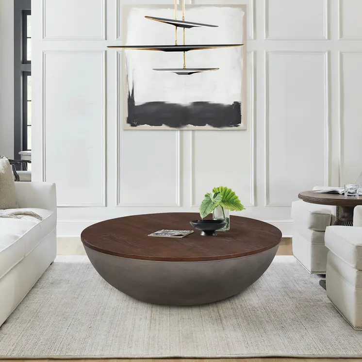 48" Brown And Gray Solid Wood And Concrete Round Coffee Table