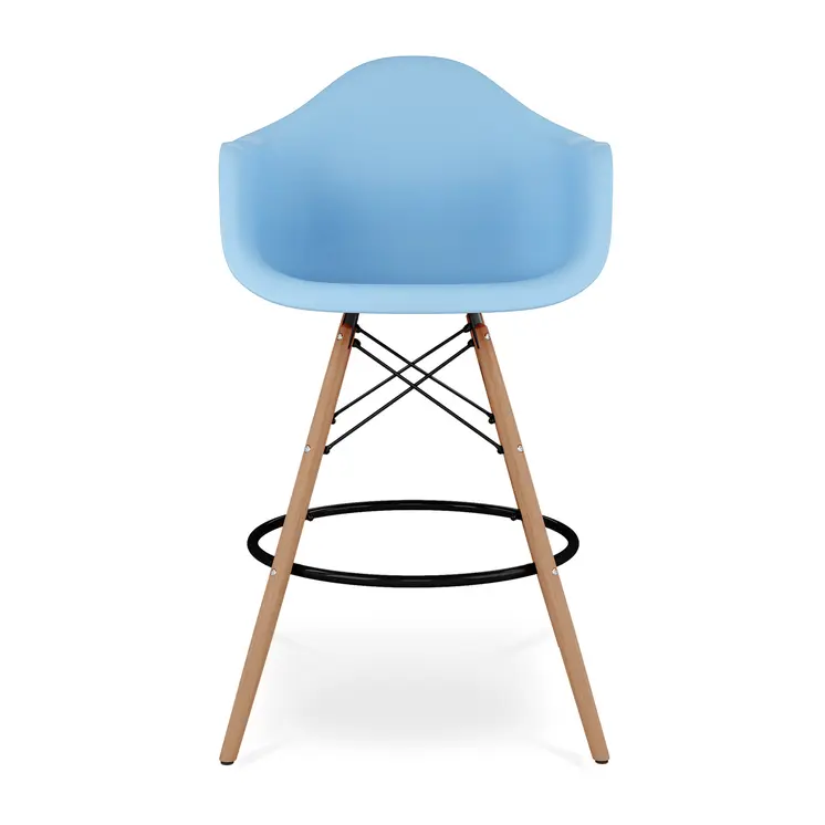 28" Light Blue And Brown Heavy Duty Plastic And Solid Wood Low Back Counter Height Bar Chair