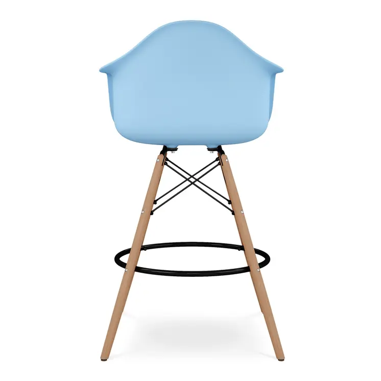 28" Light Blue And Brown Heavy Duty Plastic And Solid Wood Low Back Counter Height Bar Chair