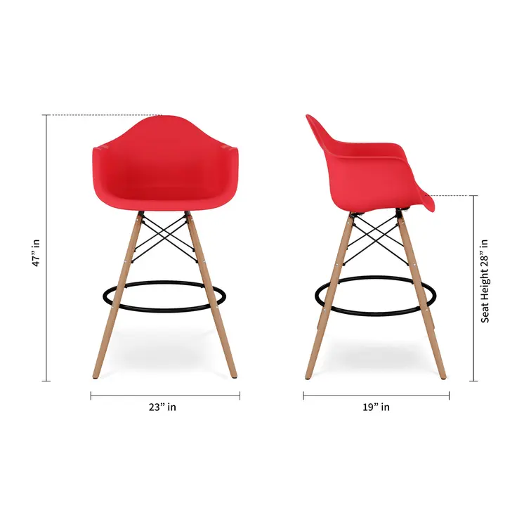 28" Red And Brown Heavy Duty Plastic And Solid Wood Low Back Counter Height Bar Chair