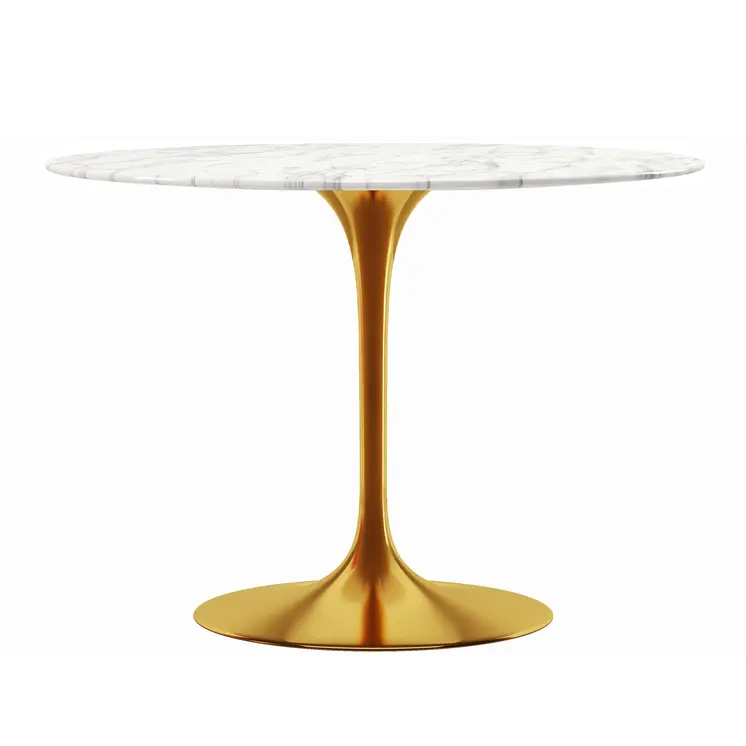 40" White And Gold Rounded Marble And Metal Pedestal Base Dining Table