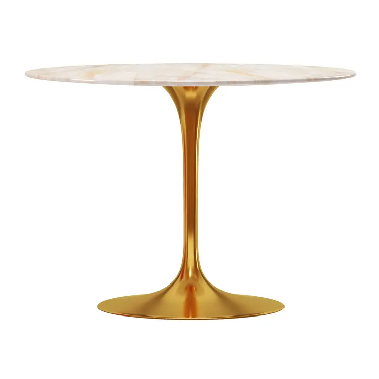 40" White And Gold Rounded Stone And Metal Pedestal Base Dining Table