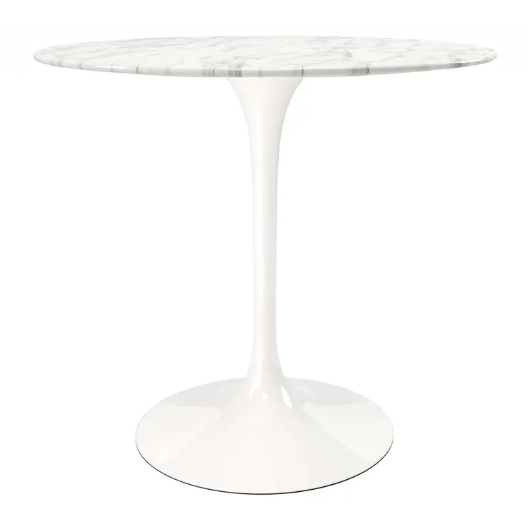 32" White Rounded Marble And Metal Pedestal Base Dining Table