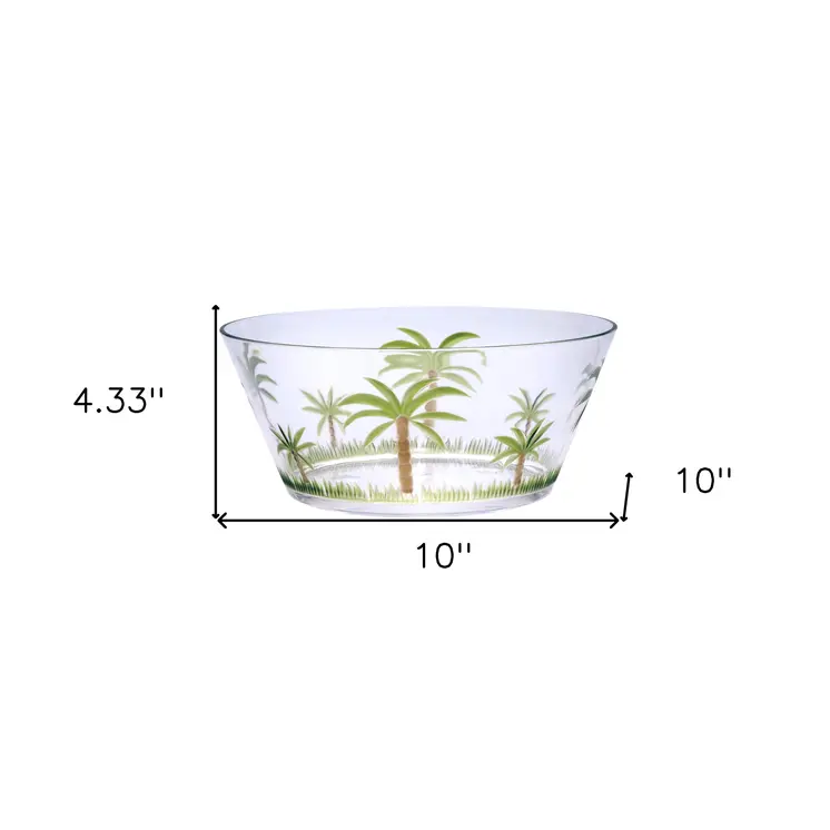 10" Clear and Green Palm Tree Acrylic Round Salad Bowl