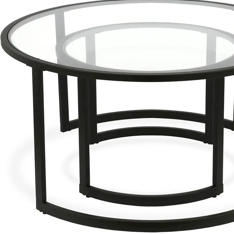 Set of Two Black Glass And Steel Round Sled Nested Coffee Tables